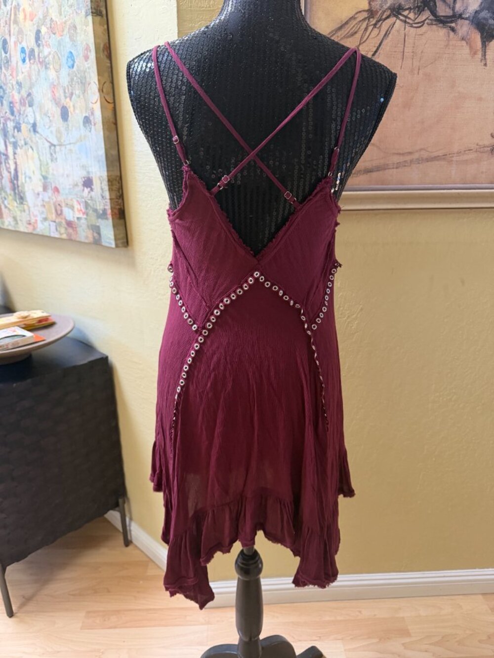 Free People Burgundy Eyelet Mini Dress – Boho Festival Slip Dress - Picture 3 of 8